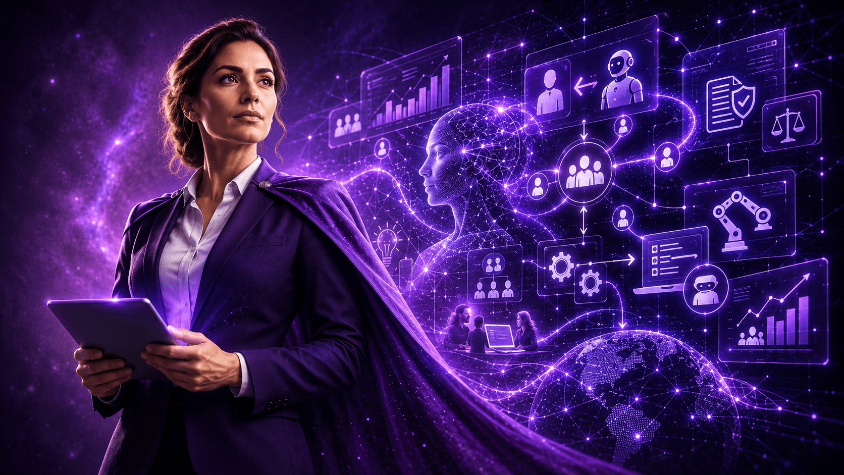 Profesional con capa y tableta frente a una red de inteligencia artificial, automatización y personas